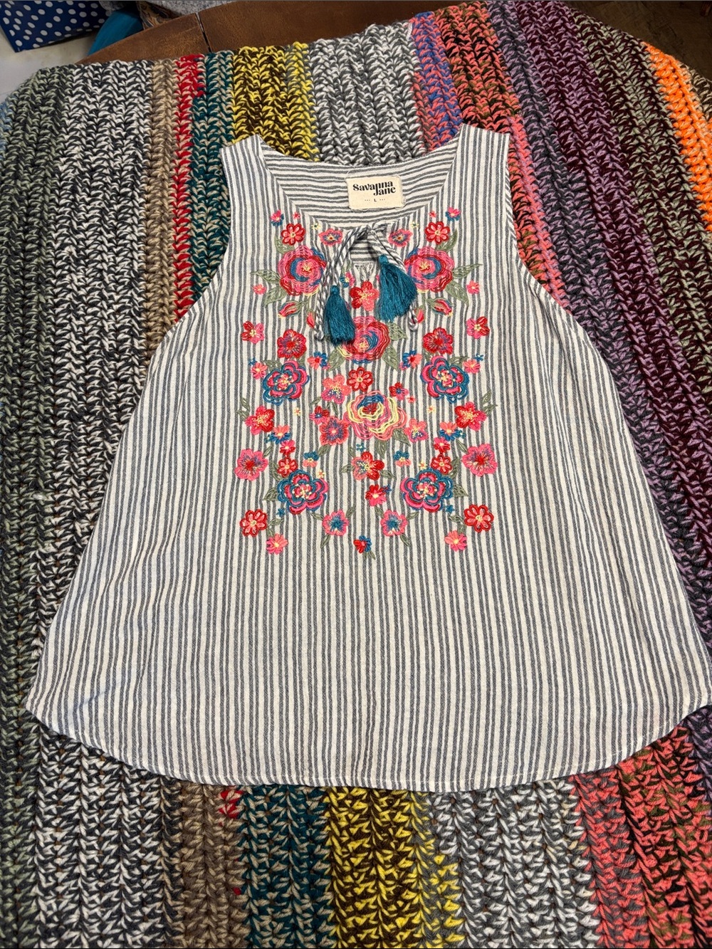 Savanna Jane Blue and White Striped Embroidered Floral Tassel Top Sz L